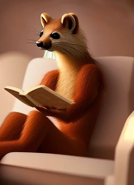 Image similar to A beautiful scene featuring a humanoid pine marten in loose white clothing reading on a couch. Golden hour. Hyperrealistic. Trending on CGSociety.