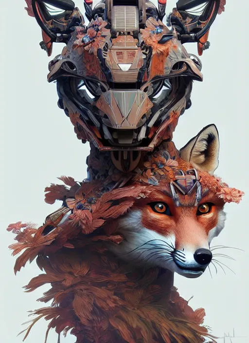 Image similar to symmetry!! portrait of a hybrid robot fox, floral! horizon zero dawn machine, intricate, elegant, highly detailed, digital painting, artstation, concept art, smooth, sharp focus, illustration, art by artgerm and greg rutkowski and alphonse mucha, 8 k