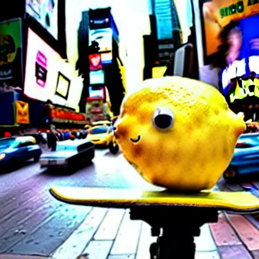 Image similar to a cool lemon riding a skateboard in times square new york