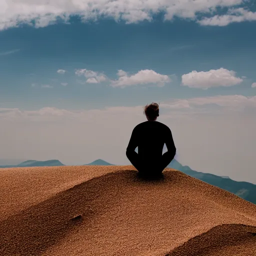 Image similar to man sitting on top peak mountain cliff looking at huge sand tornado