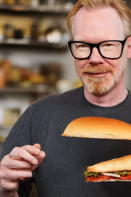 Prompt: 📷 portrait of adam savage with a sandwich for a head, still image, high resolution, 4 k
