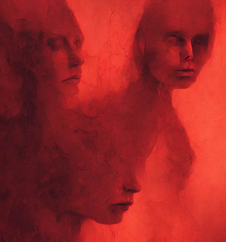 Prompt: closeup digital portrait of a magic woman, chiaroscuro, red fabric, metalic parts, transparent smoke from hell, notan sun in the background, abstract, surreal art, painted by beksinski and android jones