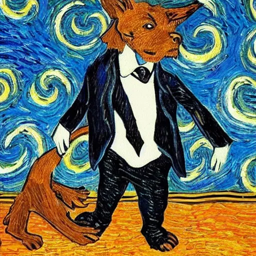 Image similar to dog in suit dancing, style of van gogh, 4k