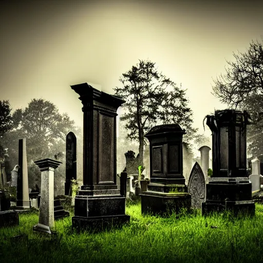 Prompt: memorial statues in an old abandoned gothic cemetery at dusk, overgrown grass, dramatic, ravens, gloomy, volumetric light, ground mist, featured on art station