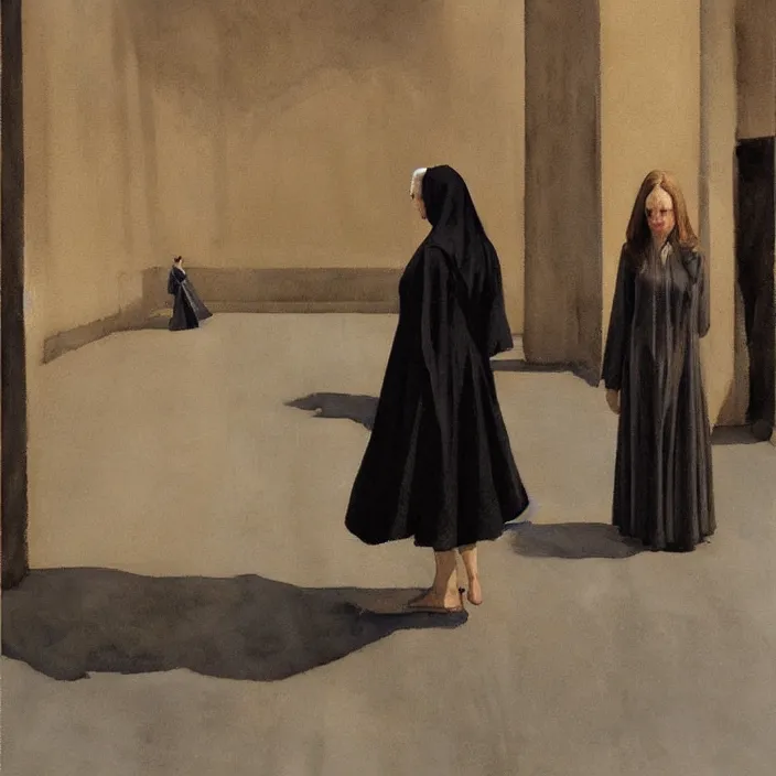 Prompt: woman in black robes, short skirt, in magnificent shopping mall, artstation, watercolor painting, art by edward hopper, zdislav beksinski, wayne barlowe, edward hopper