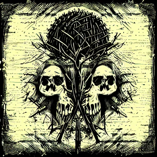 Image similar to dark death metal themed vector illustration for a record label, trees. forest, spikes, skull, microphone, skull, award winning, grunge, iconic, golden ratio