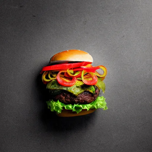 Image similar to Award-winning food photography of a burger made of styrofoam and concrete, dramatic lighting, 8k