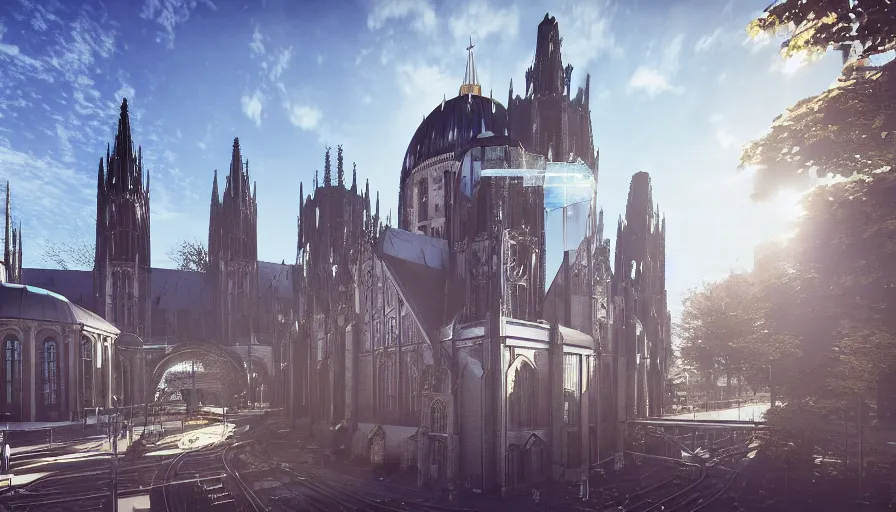 Prompt: futuristic neo - gothic berlin with humongous church train station, glass dome, sunny day, volumetric light, hyperdetailed, artstation, cgsociety, 8 k