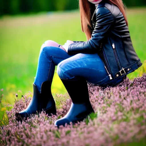 Prompt: young girl sits on a meadow, she wears leather jacket, jeans and knee high black boots, sharp focus, photo taken by nikon, 4 k,