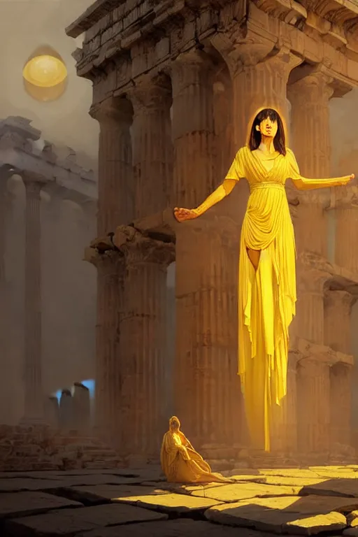 Image similar to possessed woman wearing an ancient greek tunic made of yellow paper, stephen bliss, unreal engine, fantasy art by greg rutkowski, rhads, ferdinand knab, makoto shinkai and lois van baarle, ilya kuvshinov, rossdraws, tom bagshaw, global illumination, radiant light, ancient greek temple ruins, red and blue theme