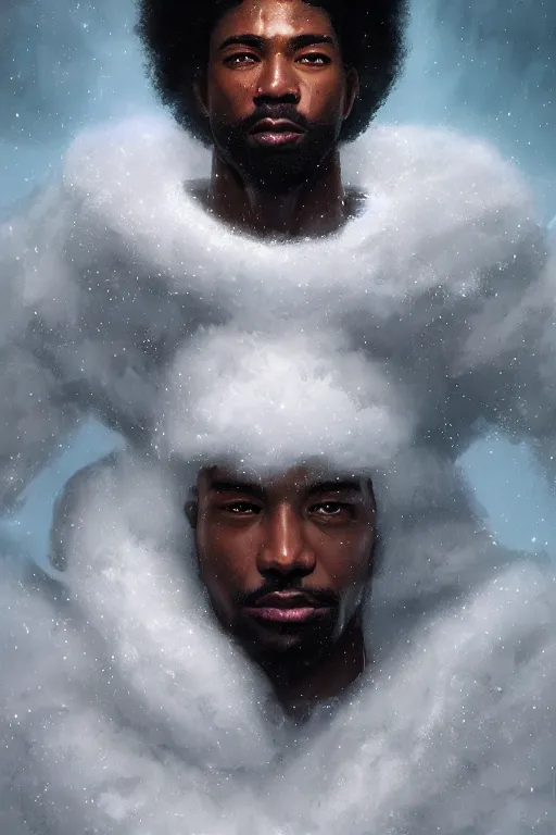 Image similar to ultra realistic illustration, black man with hightop afro, snowy, cold, volumetric lighting, hacknaut cyberpunk, sci - fi, fantasy, intricate, elegant, highly detailed, digital painting, artstation, concept art, smooth, sharp focus, illustration, art by artgerm and greg rutkowski and alphonse mucha