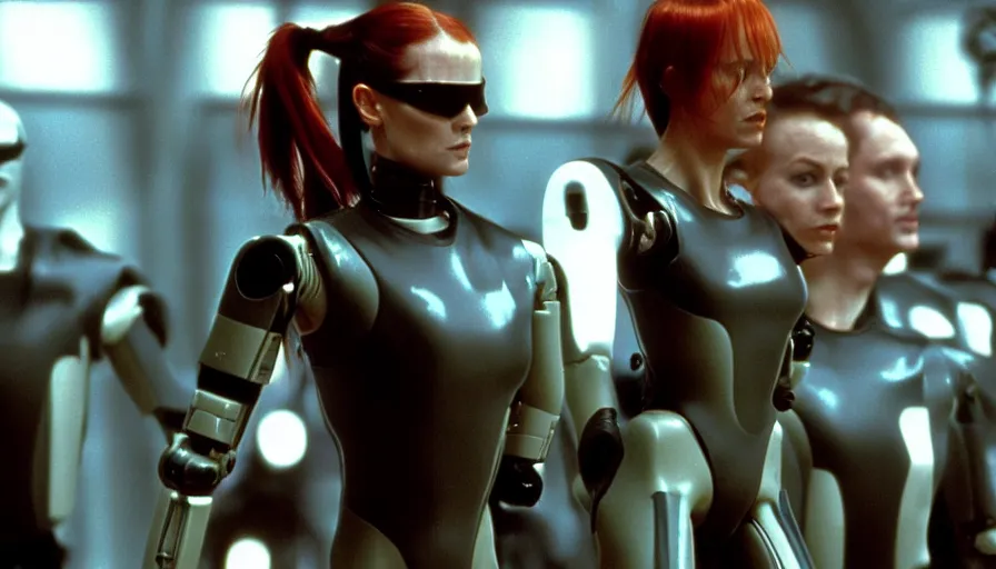 Prompt: The matrix, LeeLoo, Starship Troopers, Clarice Starling, Sprinters in a race with a clear winner, robotic legs, The Olympics footage, intimate shot, cinematic stillframe, shot by Roger Deakins, The fifth element, vintage robotics, formula 1, starring Geena Davis, sports photography, clean lighting