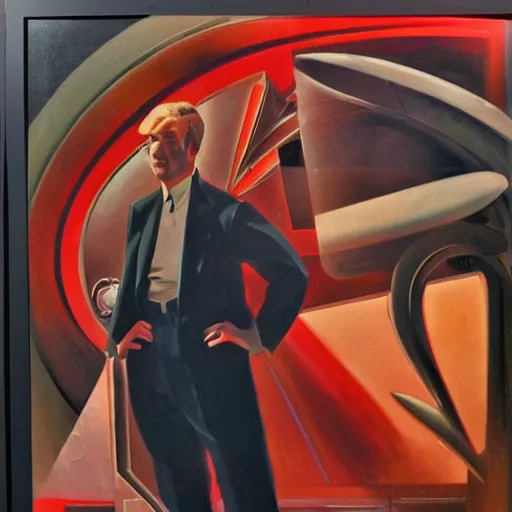 Prompt: man in futurist 6 0 ´ s lab, machines and futurist robots, red lights, part boris vallejo style, part leyendecker black suit