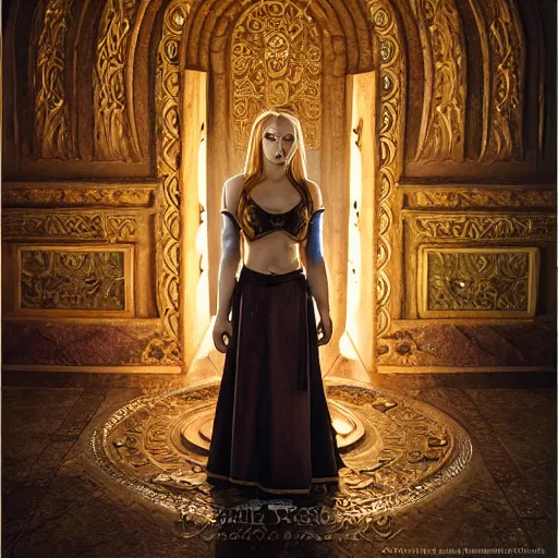 Image similar to the elder scrolls vi, charismatic regal blonde high elf female jarl, portrait, exquisitely designed throne room, atmospheric lighting, painted, intricate, volumetric lighting, beautiful, daytime, sunny weather, slight overcast, sharp focus, deep colours, ultra detailed, by leesha hannigan, ross tran, thierry doizon, kai carpenter, ignacio fernandez rios