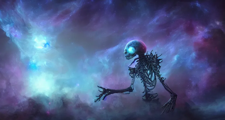 Prompt: a photo of one enormous humanoid pearlescent!! smoke!! skeletal cosmic!! old god!! floating in space!! in a nebula!!!!, 4 k, unreal engine, concept art, matte painting, cosmic horror!!, nightmare, color accents,