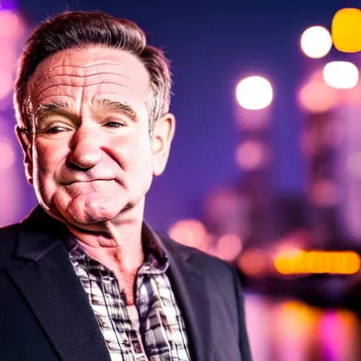 Image similar to a still of Robin Williams. Shallow depth of field. City at night in background, lights, colors ,studio lighting, mood, 4K. Profession photography