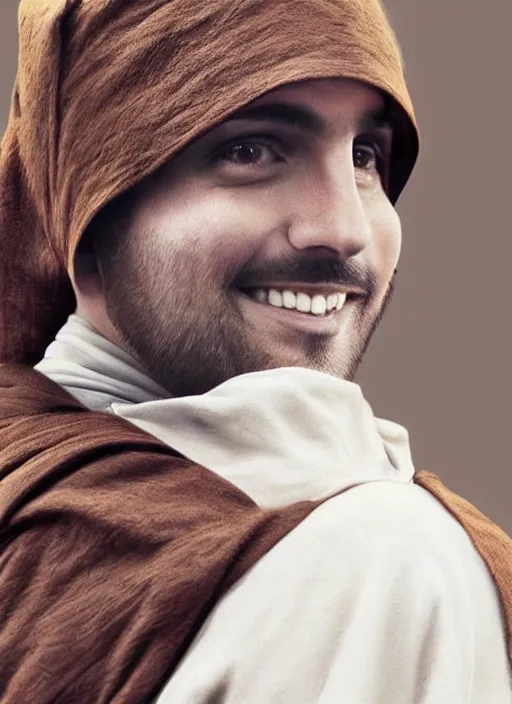 Image similar to a brown haired young eastern man with stubble, short hair, wearing brown jedi robes, smiling, close up, portrait style, star wars atmosphere, photographic print, artgerm, hyper - realistic