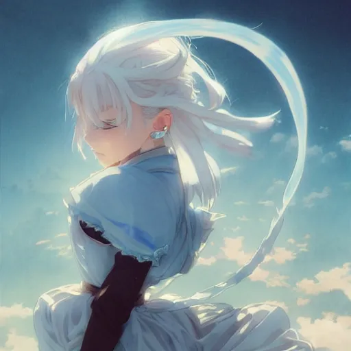 Image similar to a girl with short light blue hair and blue eyes is sitting on a cloud, anime style, light effect, anime style hyper detailed, illustration, bloody, intricate, elegant, digital painting, artstation, smooth, sharp focus, art by artgerm and greg rutkowski and alphonse mucha.