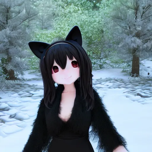 Prompt: render of a very kawai joyful 3d anime girl, wearing fluffy black scarf, long dress, black long curly hair, watery eyes, cat ears, in the magical forest, medium shot, mid-shot, highly detailed, trending on Artstation, Unreal Engine 4k