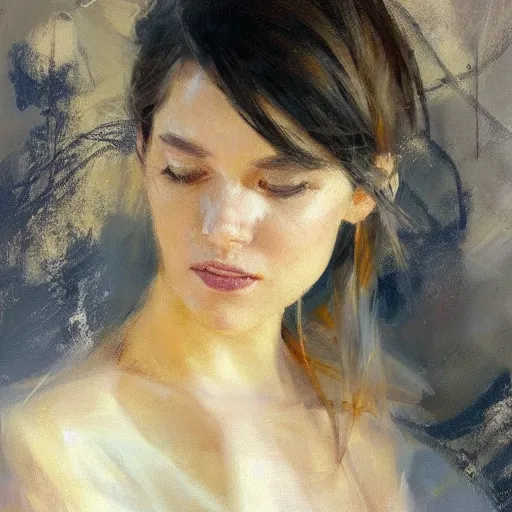 Prompt: spontaneous unfinished romantic portrait, beautiful juicy brush strokes, by Richard schmid and Sargent, trending on cgsociety, expressionism, black and gold colors only, linen canvas
