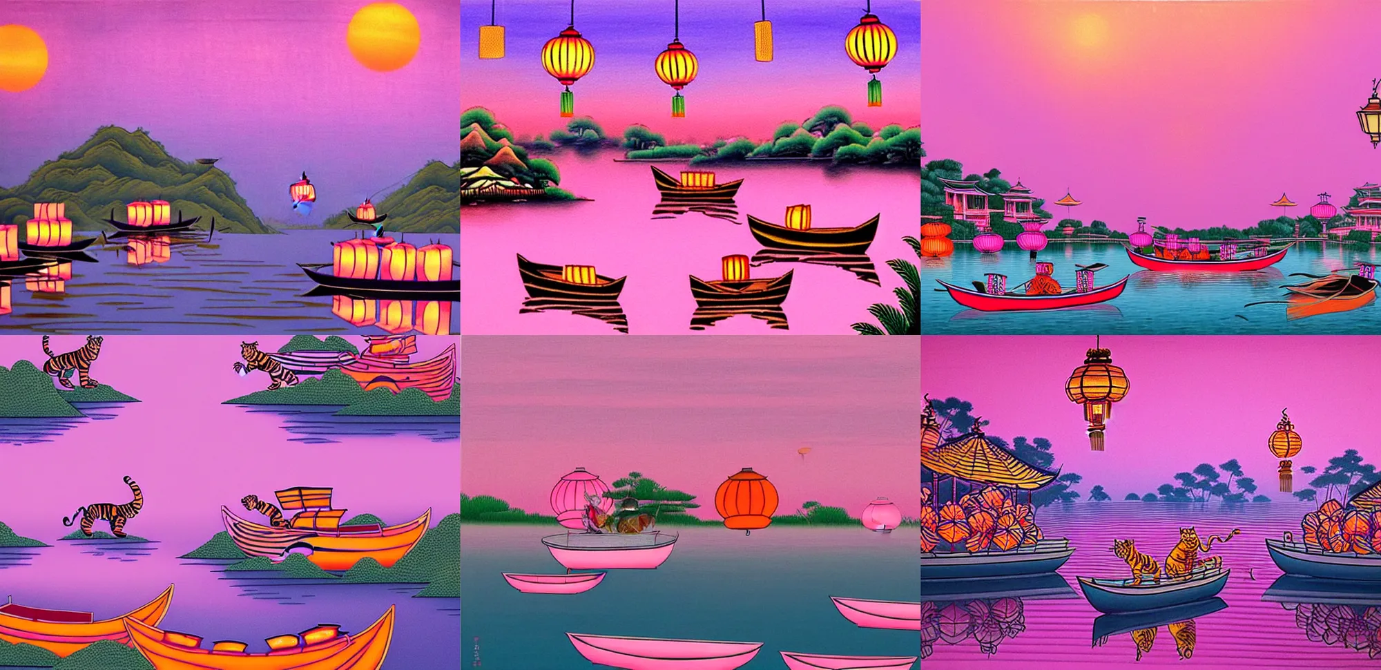 Prompt: tigers retro boats on river hills in background asian lanterns pink hues, surrealism, ornate, oriental