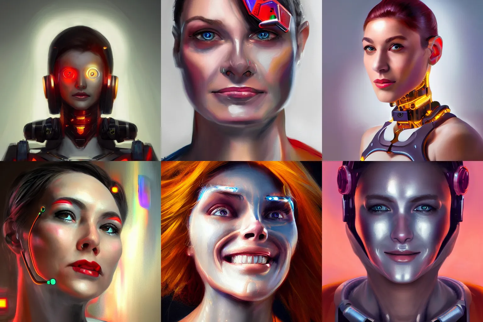 Prompt: cheerful cyborg woman portrait painting, trending on artstation, 4k, realism