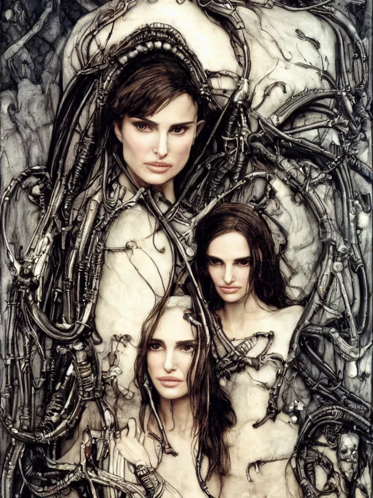 Prompt: a beautiful portrait of natalie portman with a xenomorph queen by h.r. giger and by arthur rackham and by john william waterhouse, detailed, proportional, trending on art station, 4k