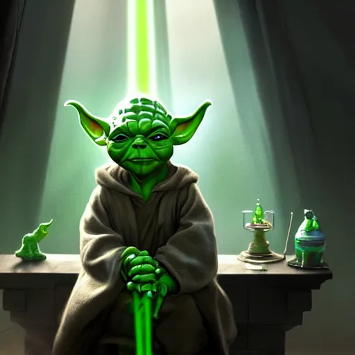 Image similar to yoda sitting in a chair in his living room with sunlight pouring in through a window, portrait, fantasy, beautiful face, vivid colors, elegant, concept art, sharp focus, digital art, hyper - realistic, 4 k, unreal engine, highly detailed, hd, dramatic lighting by brom, trending on artstation