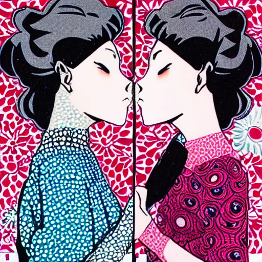 Image similar to closeup of two women made of patterns kissing each other, manga art by araki, jojo's bizarre adventure key visual