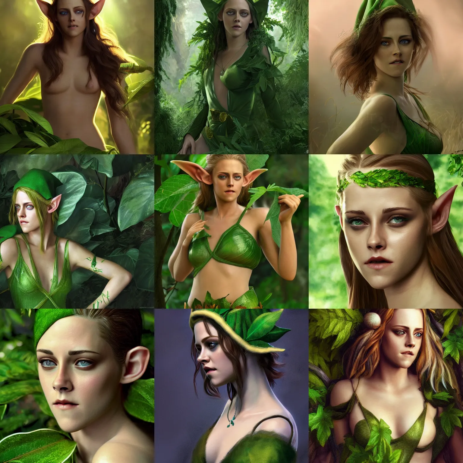 Prompt: a high-resolution photo of a beautiful elf girl (played by Kristen Stewart) elegantly wrapped with green lush leaves, by Andrea Chiampo, artstation and Frederik Heyman, extremely detailed woman, stunning lighting, fantasy, 4k, scanned, by Larry Elmore, Copyright TSR 1989