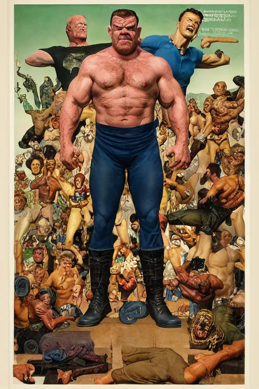 Image similar to upper body and head portrait of huge hulking jocko willink as marvel character wearing pants and shirt and boots and gold jewellery by alex ross and lawrence alma tadema and zdzislaw beksinski and norman rockwell and jack kirby and tom lovell and greg staples