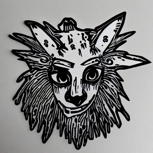 Image similar to die cut sticker, princess mononoke mask, splatter paint