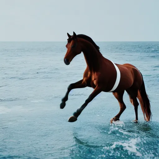 Image similar to a horse prancing in the ocean, cinematic shot