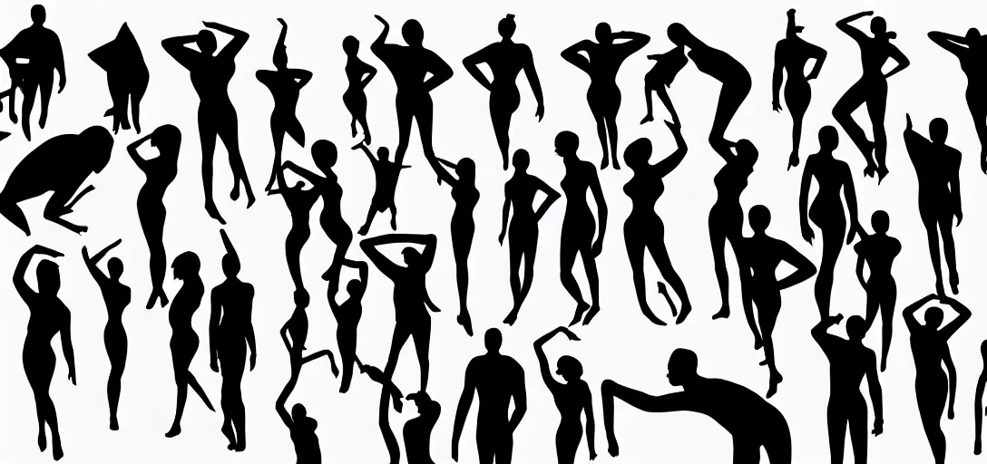 Prompt: many sensual humans in solid silhouettes, saluting, dancing, interacting and posing, mooc, organic and intricate, elegant, highly detailed, concept art, sharp focus, illustration, high contrast, long shadows, painted with colour on white, 8 k