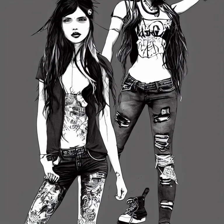 Image similar to a punk girl with long hair band t - shirt and tight jean shorts posing for the camera, line art, black and white, concept art, masterpiece 4 k digital illustration by sungmoo heo, highly detailed, trending on artstation, award winning