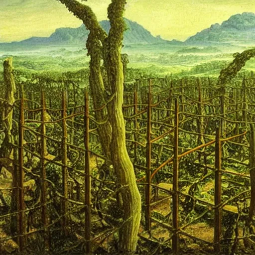 Prompt: a data center surrounded by ancient ruins and covered in vines, Caspar David Friedrich, oil painting
