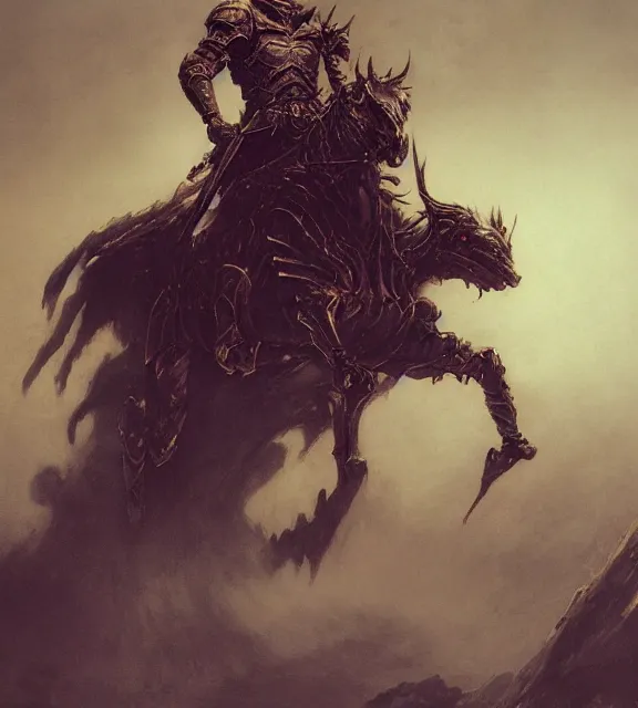 Image similar to golden cavalry concept, beksinski, age of sigma art, frank franzetta, ruan jia, dark soul armor concept, trending on artstation, wayne barlowe, adrian smith fantasy art, elden ring art, the hobbit art, lord of the ring art, infinity blade armor