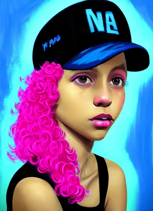 Image similar to portrait of teenage vanessa morgan with bright pink hair, black girl, curly pixie cut hair, wearing newsboy cap, pink short haircut, newsboy cap, hoop earrings, blue eyes, intricate, elegant, glowing lights, highly detailed, digital painting, artstation, concept art, smooth, sharp focus, illustration, art by wlop, mars ravelo and greg rutkowski