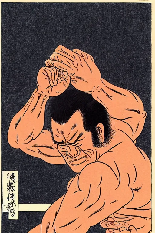 Image similar to antonio inoki crushes a bus with his bare hands, ukiyo - e art by ed roth and basil wolverton ), crisp