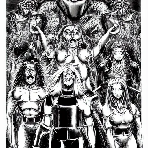 Image similar to Metalocalypse by Kentaro Miura, highly detailed, black and white