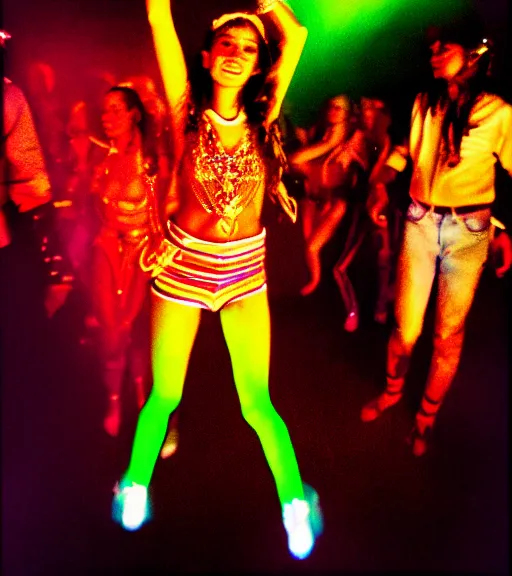 Image similar to portrait of a stunningly beautiful young hippie girl dancing at a crowded rave, rave lighting, stage lighting, lasers, spotlights, extremely colourful, epic cinematic lighting, smiling, pretty, alluring, by bruce davidson