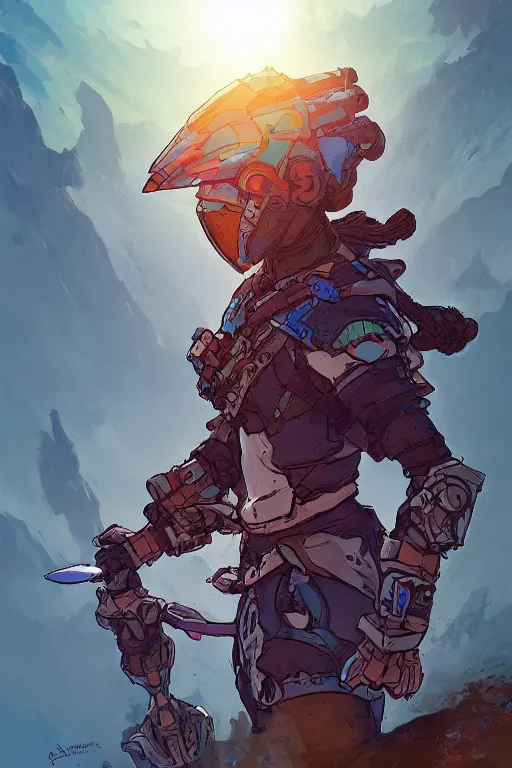 Image similar to combination suit armor aloy horizon forbidden west horizon zero dawn robot ninja mask helmet backpack tribal, art gta 5 comics, official fanart behance hd artstation by jesper ejsing, by rhads, makoto shinkai and lois van baarle, ilya kuvshinov, ossdraws radiating a glowing aura cgi rtx 2 0 2 2