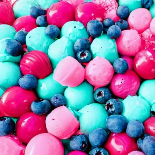 Image similar to an ocean of lollipops, ice cream and blueberries