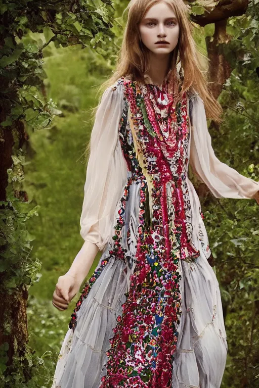 Prompt: hungarian folk costume made by valentino resort ss 2 0 1 6, sheer layered floral dress, chain jewelry, coin veil, cute young model portrait