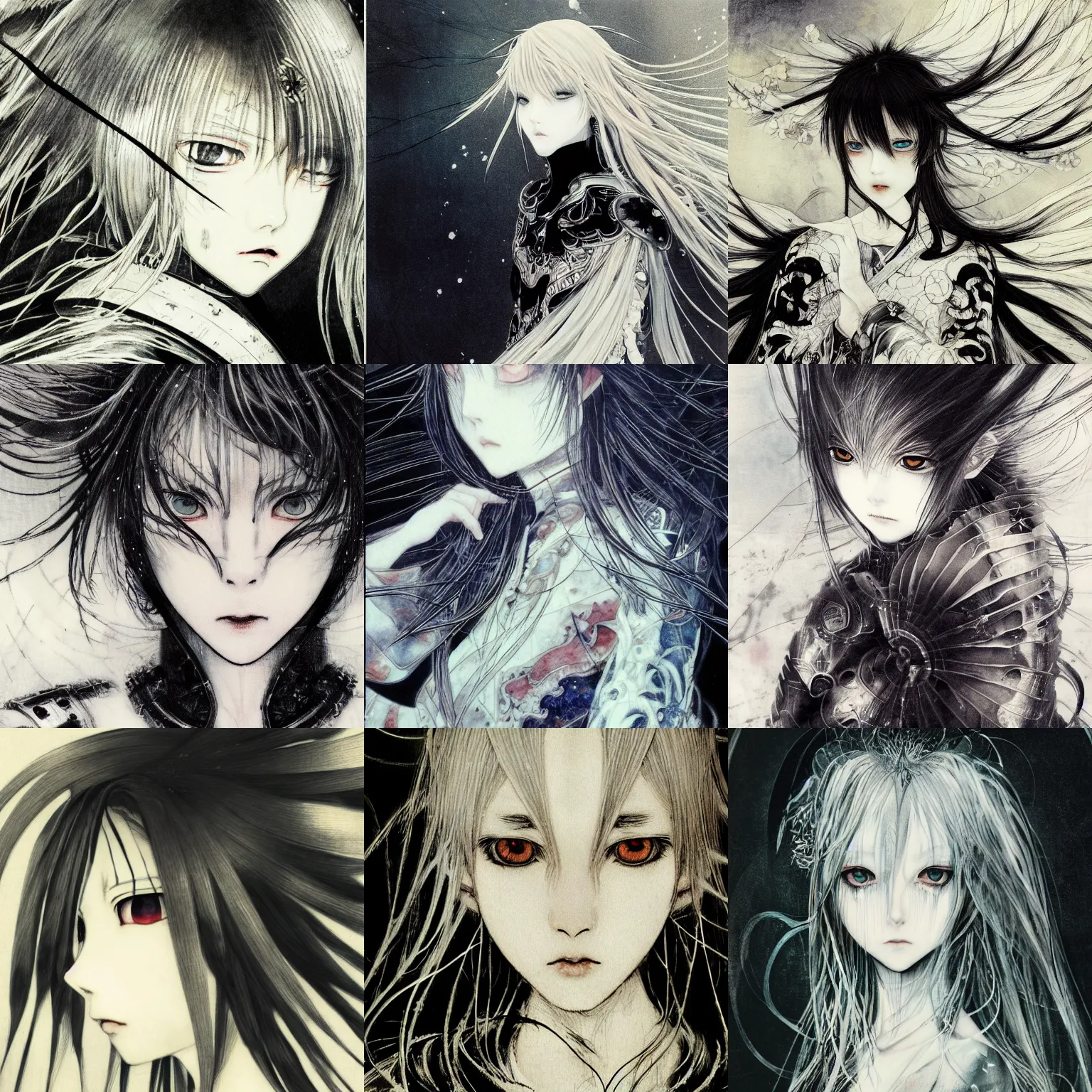 Prompt: Yoshitaka Amano blurred and dreamy illustration of an anime girl with black eyes, wavy white hair fluttering in the wind and cracks on her face wearing Elden ring armour with engraving, abstract black and white patterns on the background, noisy film grain effect, highly detailed, Renaissance oil painting, weird portrait angle, blurred lost edges, three quarter view