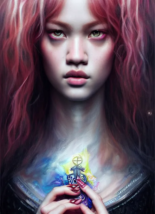 Image similar to jossi of blackpink, king, tarot card, highly detailed, digital painting, smooth, sharp focus, illustration, ultra realistic, unreal engine, 8 k, art by karol bak and agnes cecile