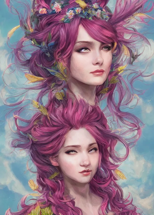 Image similar to a colorful and provenance illustrations painting of the fantasy female who with floral wing, highly detailed, her hair made of hair made of air wind and curling smoke, mist, dust, genie, spirit fantasy concept art, art by ketner and jeremiah, trending on artstation.