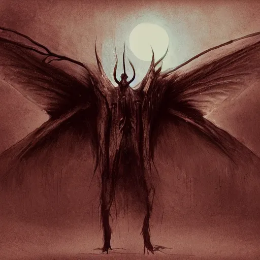 Prompt: a concept art of the mothman, horror vibe, creepy atmosphere, night time, old photo