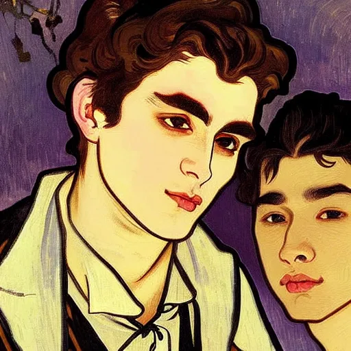 Image similar to painting of young cute handsome beautiful dark medium wavy hair man in his 2 0 s named shadow taehyung and cute handsome beautiful min - jun together at the halloween! party, bubbling cauldron!, candles!, smoke, autumn! colors, elegant, wearing suits!, delicate facial features, art by alphonse mucha, vincent van gogh, egon schiele