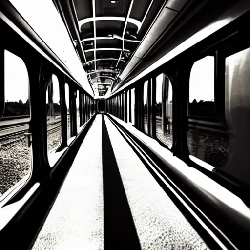 Prompt: a inside of a train hallway the train hallway is empty and train is moving the window view is a sunset view of a beautiful landscape